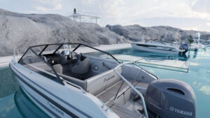 Ein virtuelles Tagesboot, das an einem virtuellen Ponton befestigt ist