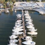 marina with boats on pontoon birds eye view