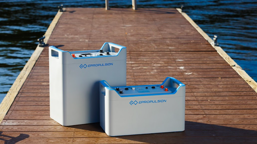 two batteries on a pontoon. Batteries made by ePropulsion.