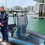 LR MDL and RS Electric Boats Pulse 63 with Lauren McCann (Ocean Village marina manager) and James Bills