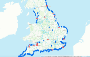 イングランドの海岸周辺で泳げる現在きれいな水の地図