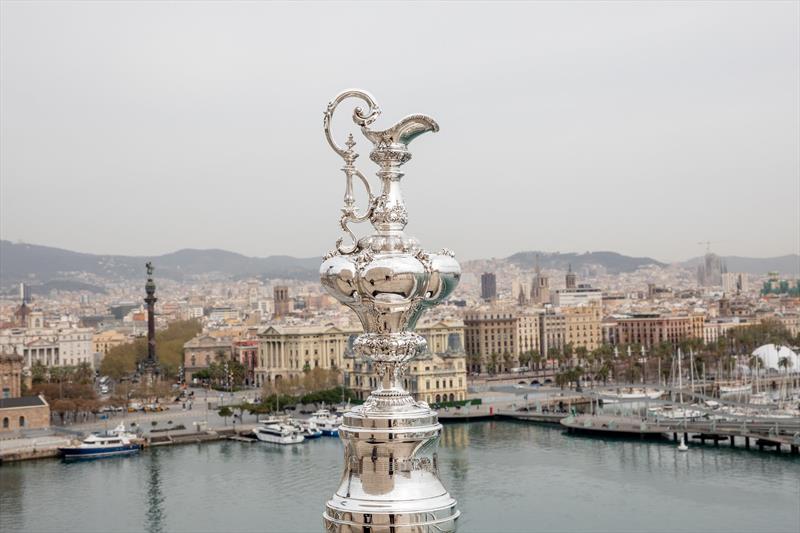 The America's Cup trophy with Barcelona as a backdrop © Maria Muina