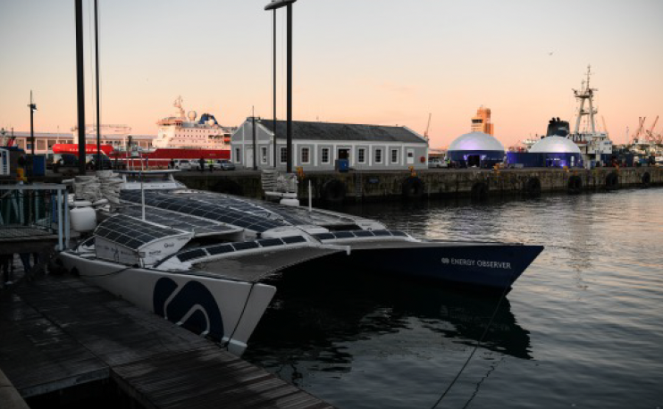 Energy Observer catamaran moored at V&A port in Cape Town
