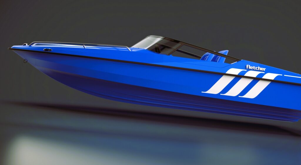 Bright blue Fletcher sportsboat rendering