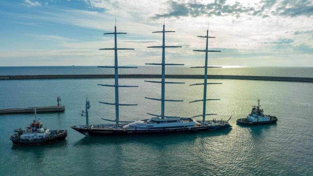 superyacht Maltese Falcon on the water near port