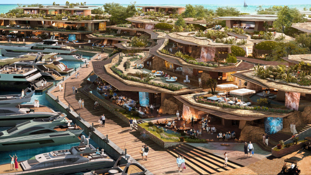 Rendering of futuristic marina at Neom in Saudi Arabia