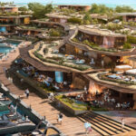 Rendering of futuristic marina at Neom in Saudi Arabia