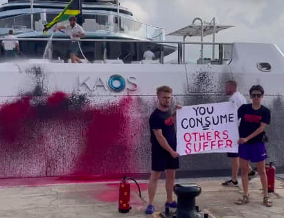 Protestors spray paint superyacht moored in Ibiza