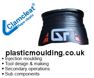 Promotional banner for plastic moulding by Clamcleat, featuring an example what can be produced and listings services on offer.