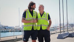 1. Martin Molloy and Jeremy Troughton on site together in Genoa, Italy during The Ocean Race 2022-23. Photo credit: GAC Pindar / Amalia Infante