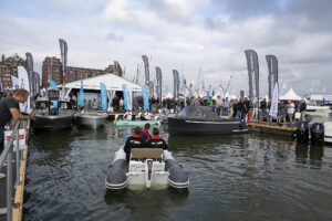 Mercury Avator 35e electric outboard on a Talamex inflatable boat at Hiswa te Water in Lelystad, Netherlands