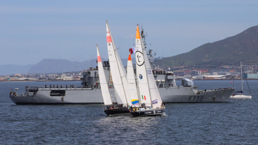 Jockeying for position at the start line under the watchful eye of the French Frigate Floréal Credit OGR2023 Marco Ausderau