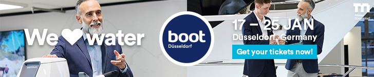 Promotional image for the boot Düsseldorf event, featuring the slogan "We love water" and event details encouraging ticket sales.