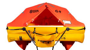 orange and yellow life raft against a white background