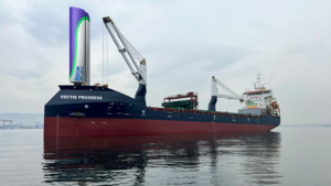 Containership with render of AirWings propulsion system added at bow