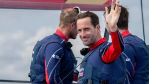 Ben Ainslie, driver of Emirates Great Britain SailGP Team, celebrates after Emirates Great Britain SailGP Team win the ROCKWOOL Italy Sail Grand Prix in Taranto, Italy. 24th September 2023. Photo: Bob Martin for SailGP. Handout image supplied by SailGP