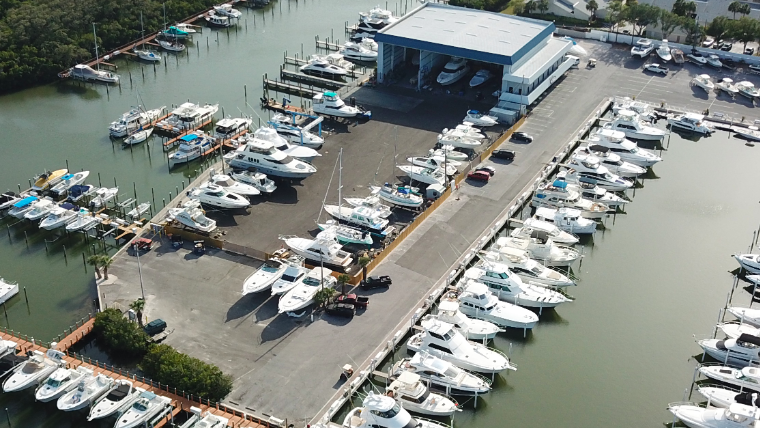 an aerial view of a marina owned by MarineMax