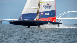 American Magic's AC75 boat, Patriot, is training on Pensacola Bay for The 37th America's Cup in Barcelona 2024. Credit American Magic