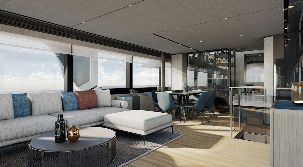 Intérieur du yacht à moteur de luxe Infynito80 montrant le salon et les espaces de restauration.