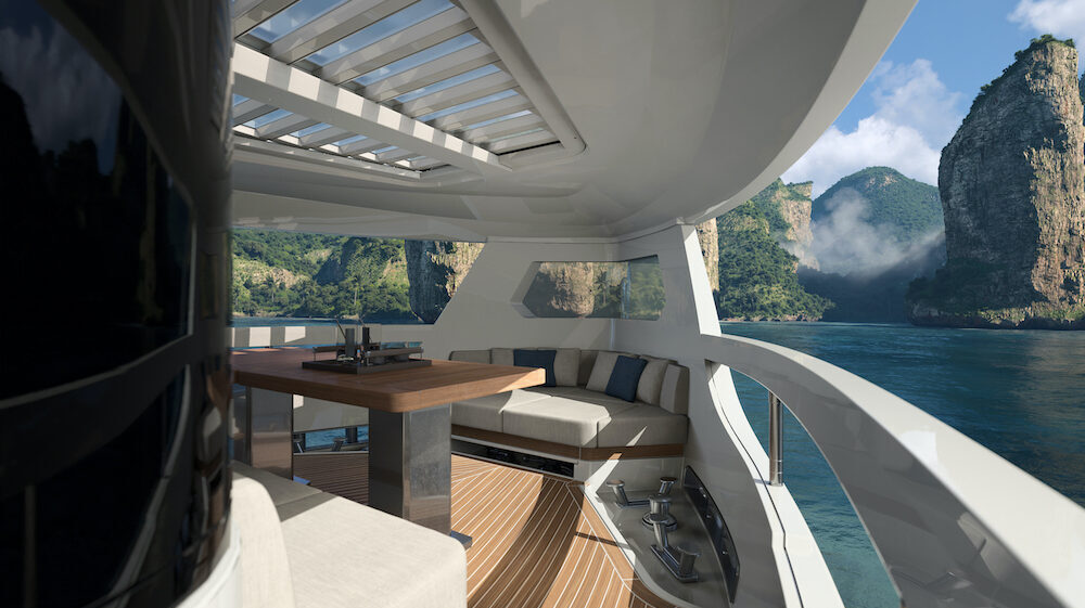 Covered sundeck of luxury motor yacht Infynito80 with Italian coastline in background.