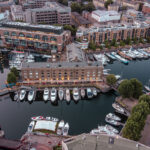 An aerial shot of the Swan Court at St Katharine Docks Marina