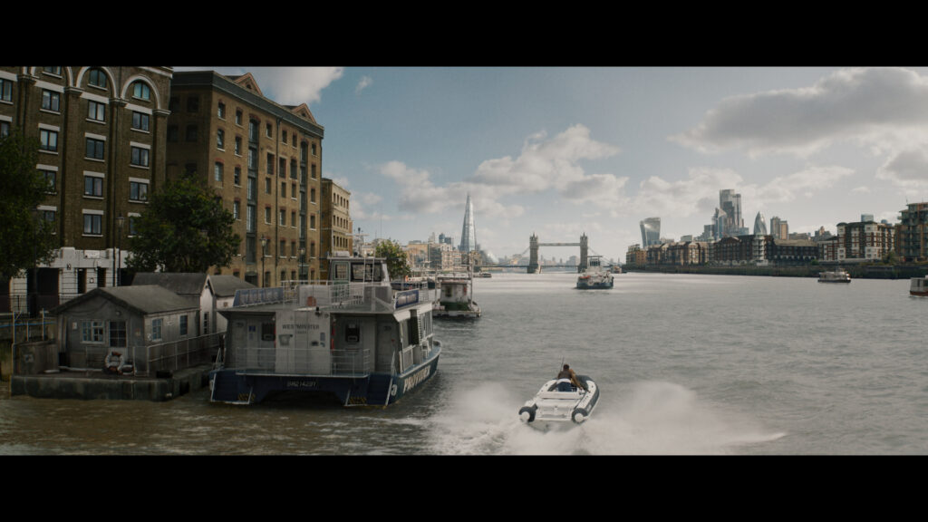 London skyline Thames with Williams jet RIB in foreground
