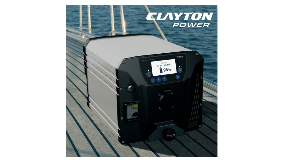 Battery system positioned on deck of boat displaying how much usage time and power capacity is left.