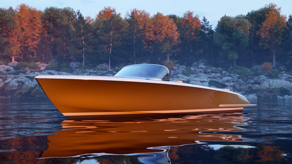 Side profile of copper-coloured open boat on a lake with trees in the background on the rocky foreshore.