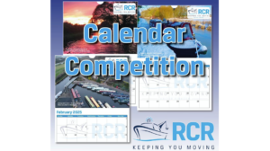 カレンダー ページの 3 枚の写真。ページの上部には水をテーマにした画像があり、下半分にはさまざまな月の週が表示されます。 RCRのロゴは写真の右下隅にあります。
