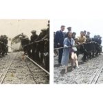A black and white photograph from 1929 on the left side of the screen next to the same, colourised, image on the right. They show local families pulling on ropes to help recover the lifeboat up the beach after it returned to shore in Brighton.