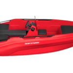 Side profile of red HDPE powerboat.