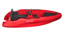 Side profile of red HDPE powerboat.