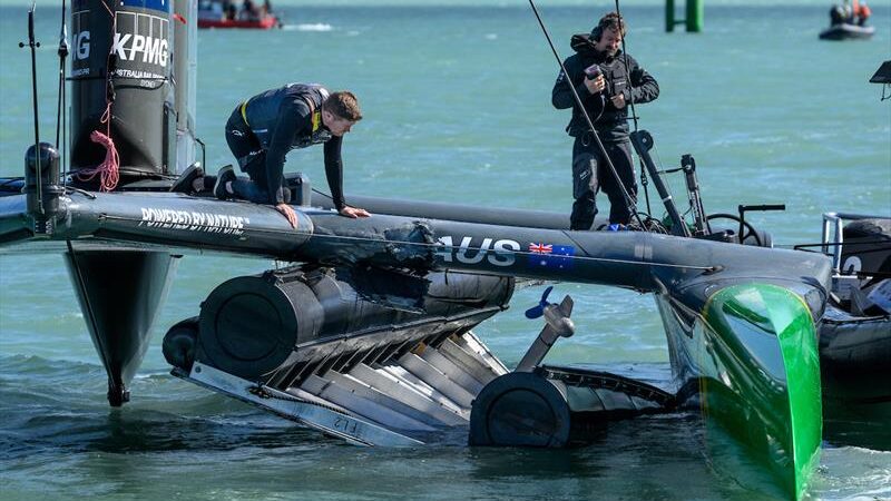 Tom Slingsby, CEO and driver of Australia SailGP Team, looks over the damage sustained to the F50 catamaran after they hit a finish line marker during Race 1 of the ITM New Zealand Sail Grand Prix in Christchurch, March 24, 2024 - photo © Ricardo Pinto/SailGP