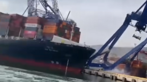 ビデオ: 貨物船がクレーンと衝突し、港湾労働者が負傷