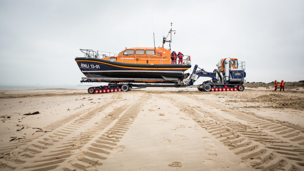 The Shannon class lifeboat Jock and Annie Slater 13-01 launch and recovery trials with the Supacat launch system at Studland, Dorset.
