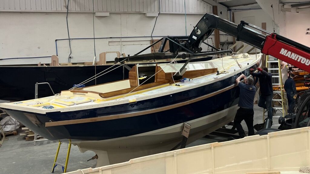 Cornish Crabber boat in a yard being finished off