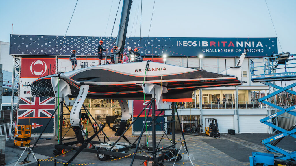 INEOS Brittania AC75 race boat on the hard