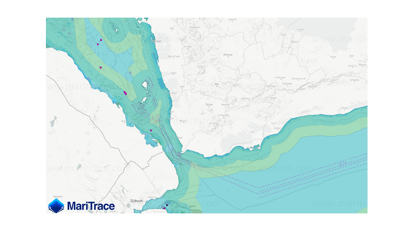 Een kaart van de Rode Zee waarop jachten te zien zijn die de gevarenzone binnenvaren