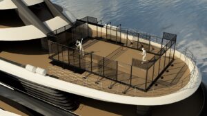 Render of two people playing a ball game in a court on a superyacht deck.