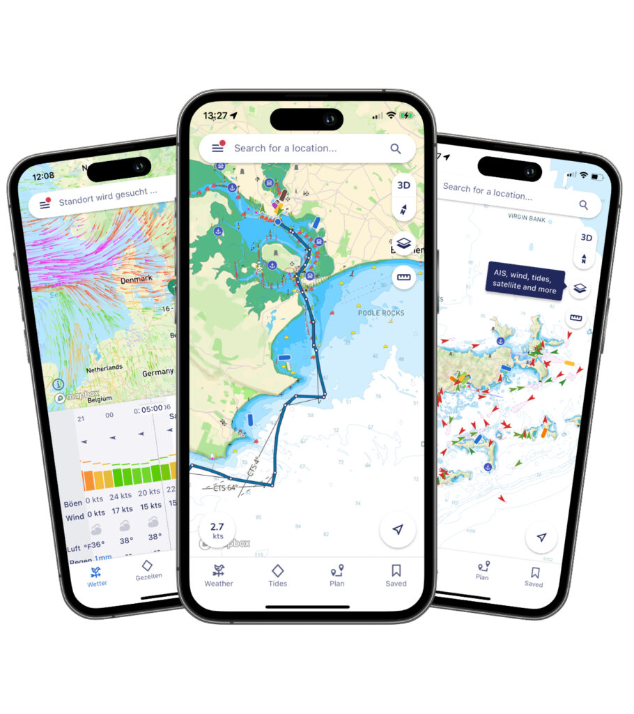boat navigational system info shown on three mobile phone fronts with data from savvy navvy