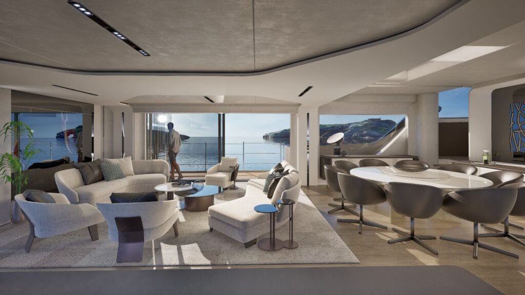 Inside ISA Viper shows luxurious dining and seating lounge with views of islands through the windows
