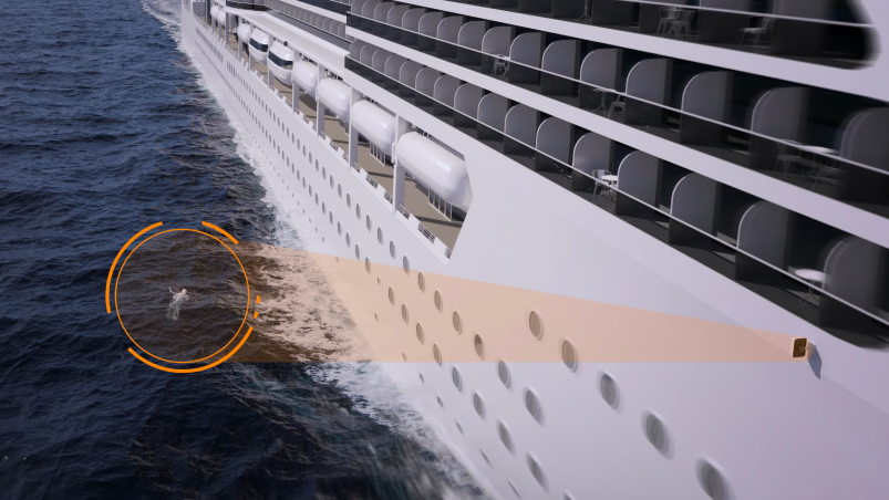 Se destaca una persona que cae del costado de un crucero para mostrar cómo puede funcionar la tecnología del hombre al agua.