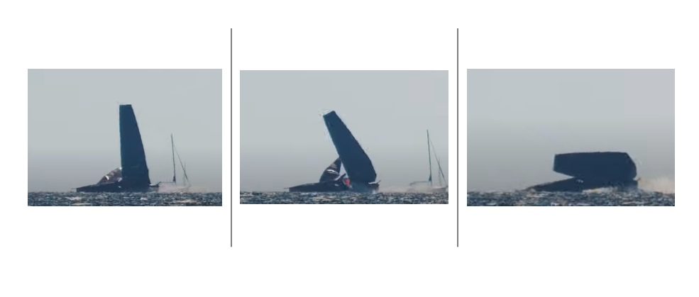 séquence d'images montrant le démâtage de l'AC75. Alinghi Red Bull Racing