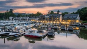 Pretty Lake Windermere Marina Village at dusk