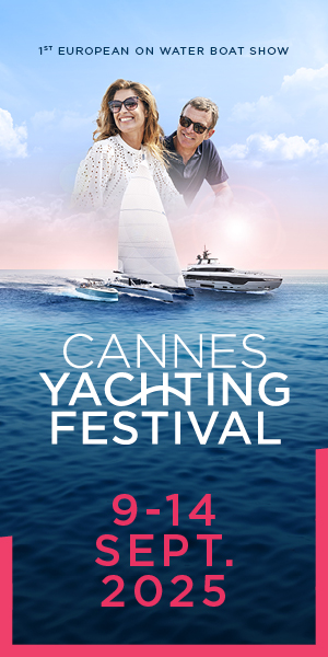 Promotional banner for the Cannes Yachting Festival, showcasing sailing and motor yachts on the water with event details: 9-14 September 2025.