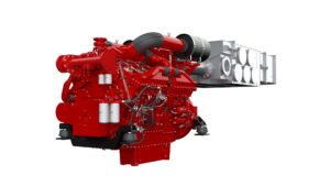 A red and white engine known as Cummins' new QSK38 Stage V power solution