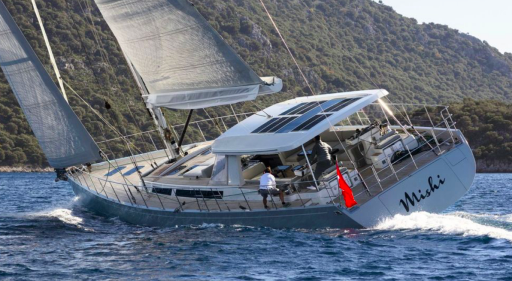 View of sailing superyacht from rear with two sailors having a fine time. This is Mishi 88