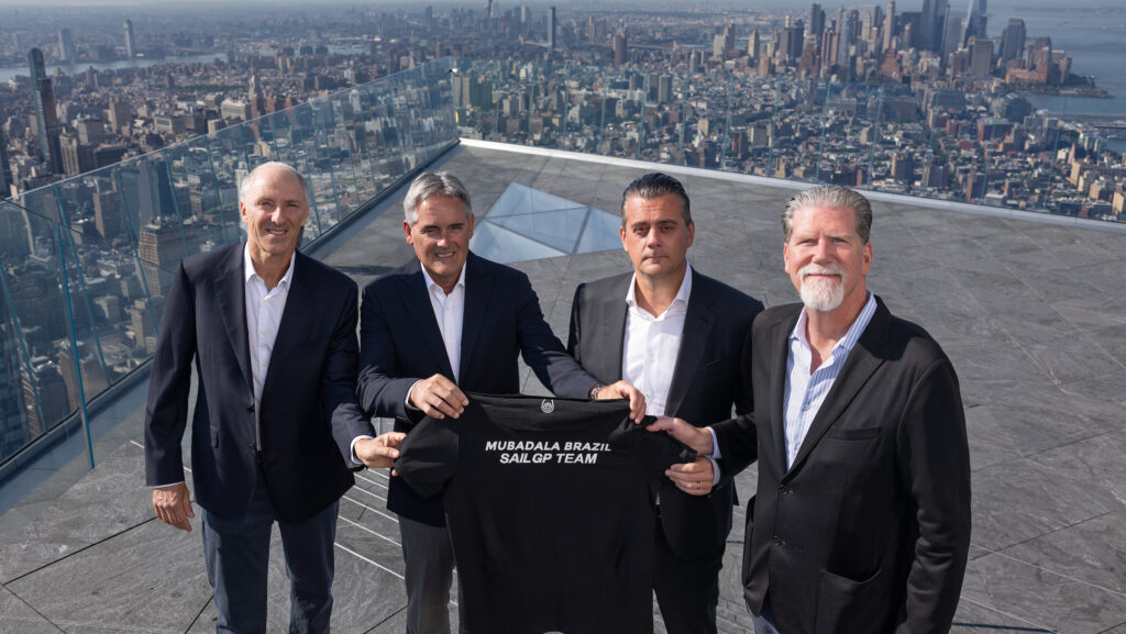 Alan Adler, CEO IMM , Sir Russell Coutts, SailGP CEO, Oscar Fahlgran, CIO Mubadala Capital, Brian Lott, Chief Communications Officer Mubadala Capital, announce the new Mubadala Brazil SailGP Team ahead of the Mubadala New York Sail Grand Prix in New York, USA. Friday 21st June 2024. Photo: Felix Diemer for SailGP. Handout image supplied by SailGP