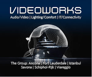 Logo of Videoworks showcasing services: audio/video, lighting/comfort and IT/connectivity, with locations listed beneath.