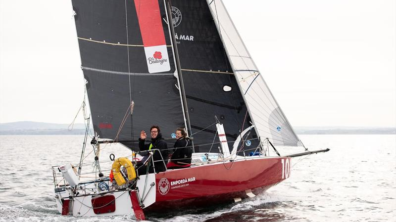 Carlos Manera Pascual and Rebecca Coles celebrate second place in Mini Fastnet Race